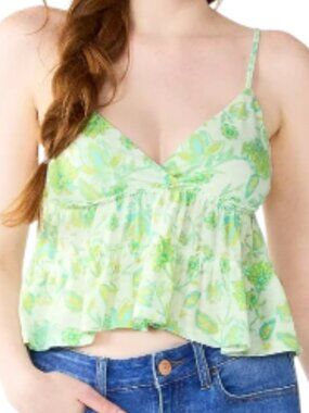 SO Juniors Green Floral Cropped Tiered Cami Tank Top - Small